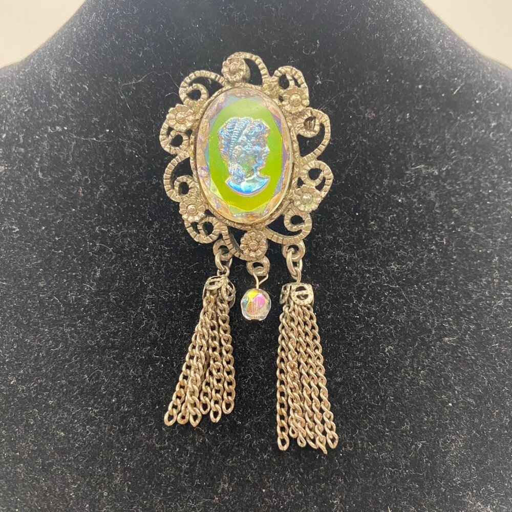 Iridescent Glass Cameo Brooch Intaglio Tassel Dangle Silver Tone Filigree AB Pin